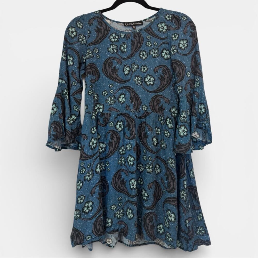 For Love & Lemons Women's Mini Dress Flared Sleeve Paisley Blue Boho Western